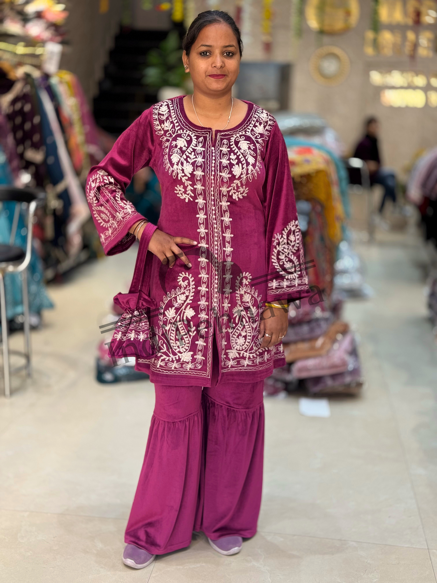 Party Wear Sharara Co-Ord Set with Potli & Intricate Threadwork