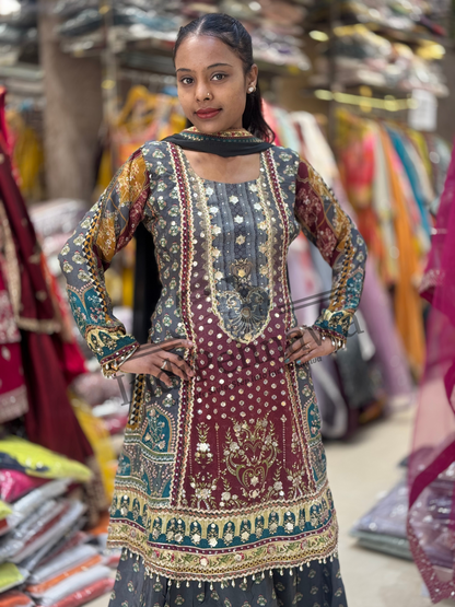Designer Printed Sharara 3-Piece Ensemble-Festive Indian Outfit