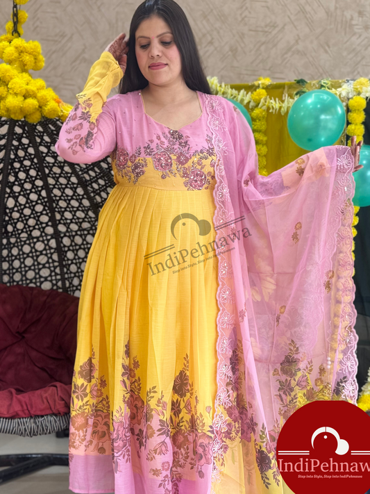 YELLOW PINK CHINON ANARKALI WITH CUT DANA WORK