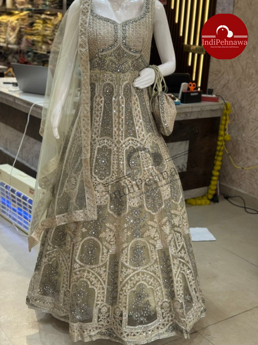 Stone Work Party Gown with Matching Purse