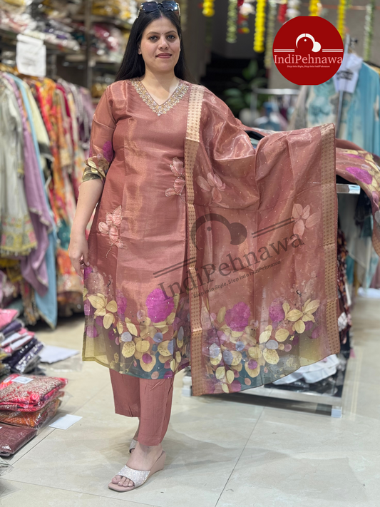 Pure Tissue Fabric Banarsi Floral Suit With Tilla Work