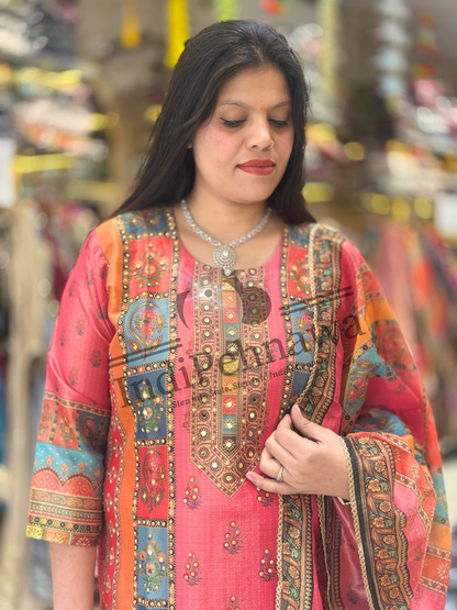 Elegant Dola Silk Suit with Full Mirror & Handwork