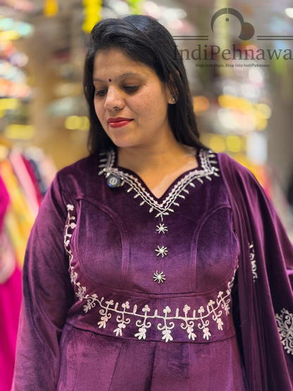 Glamorous Velvet Anarkali Suit with Handcrafted Potli and Stunning Thread Work