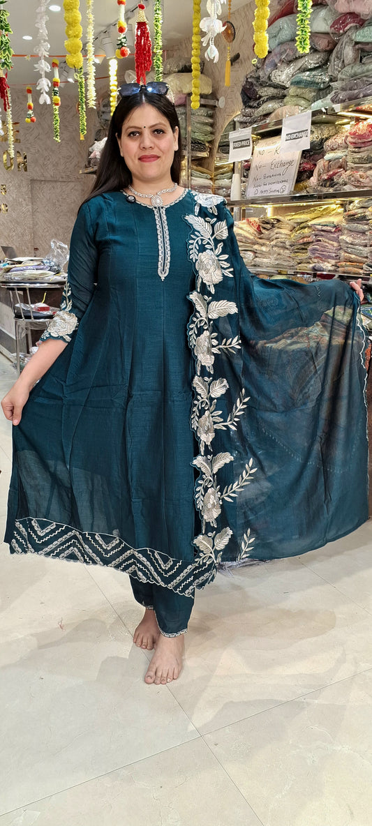 BOTTLE GREEN AND MEHROON PREMIUM CHINON PARTY WEAR ANARKALI