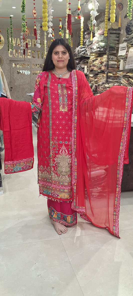 PURE CREPE CARROT DESIGNER STRAIGHT SUIT WITH ORIGNAL MIRROR WORK