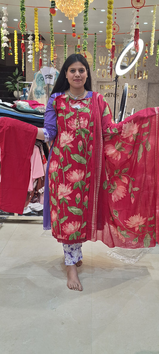 Pure Cotton Floral Hot Pink & Yellow Daily Wear Suit
