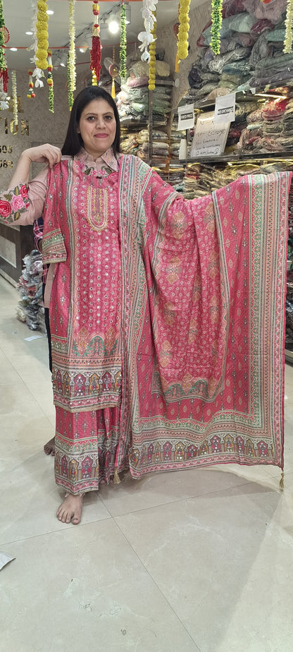 PURE CREPE STRAIGHT SUIT PEACOCK AND HOT PINK WITH WORK