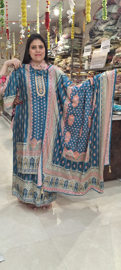 PURE CREPE STRAIGHT SUIT PEACOCK AND HOT PINK WITH WORK