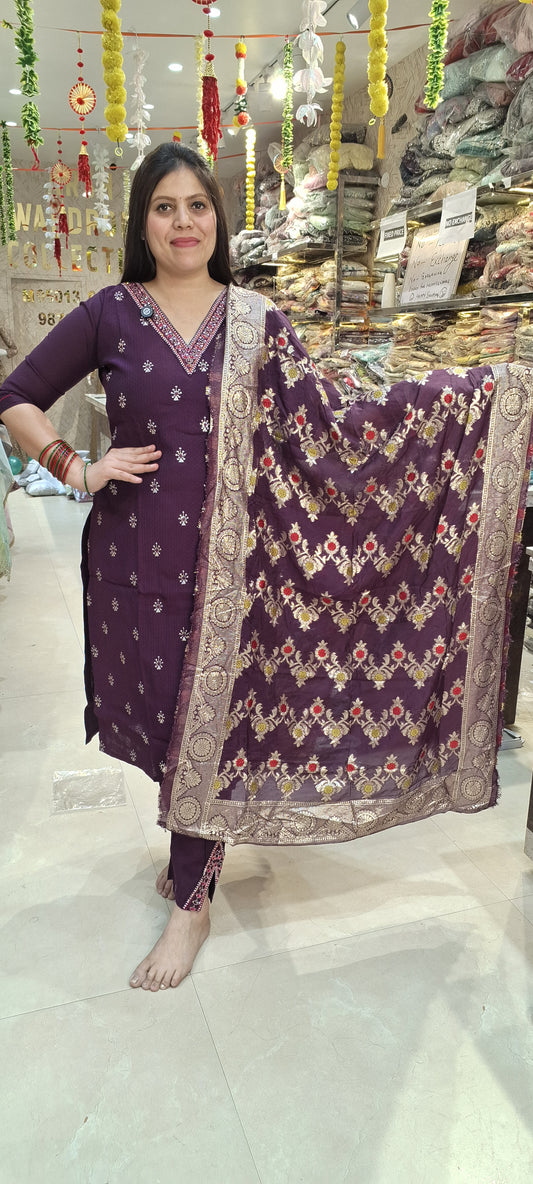 WINE COTTON BANARSI DUPATTA STRAIGHT SUIT WITH COTTON LINNING