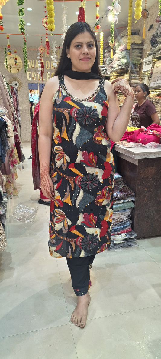 COTTON STRAIGHT SUIT WITH MIRROR WORK
