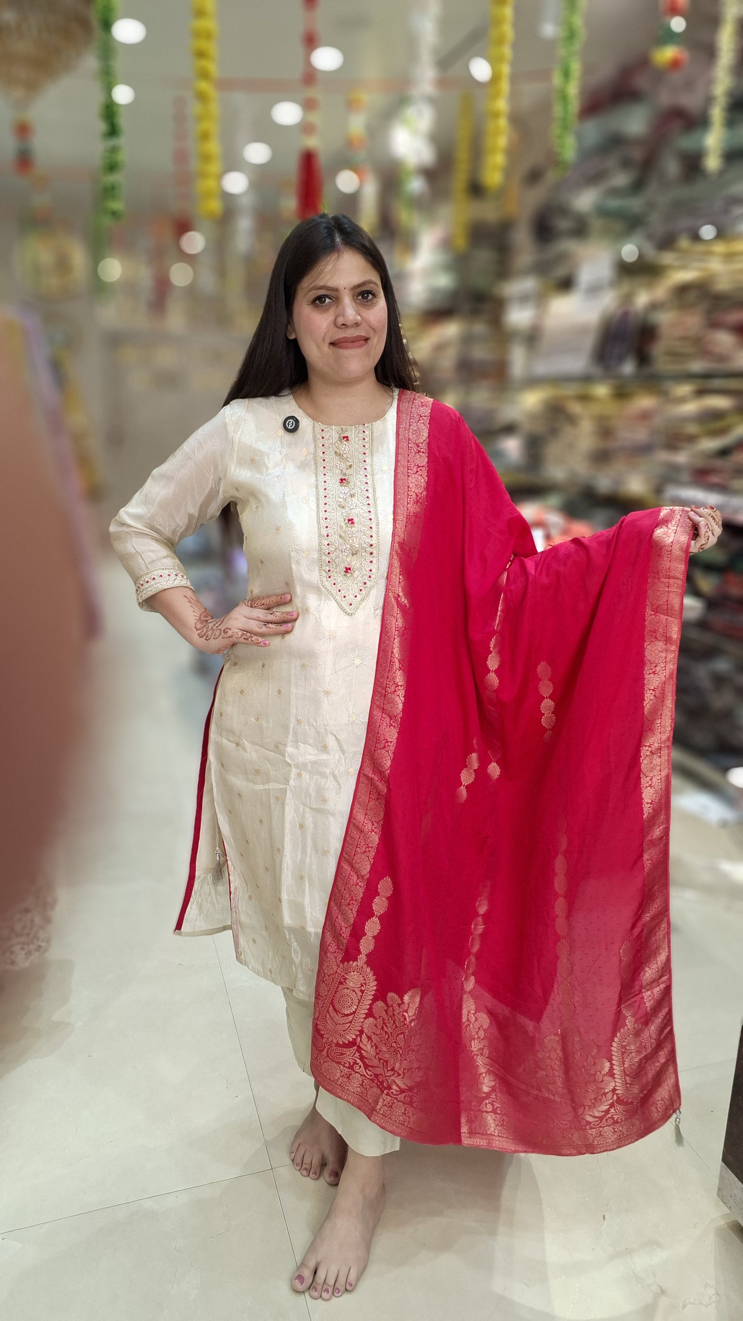Banarasi Cotton Texture Ivory Straigh Suit