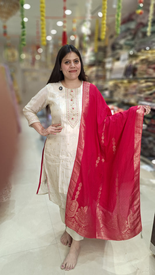 Banarasi Cotton Texture Ivory Straigh Suit