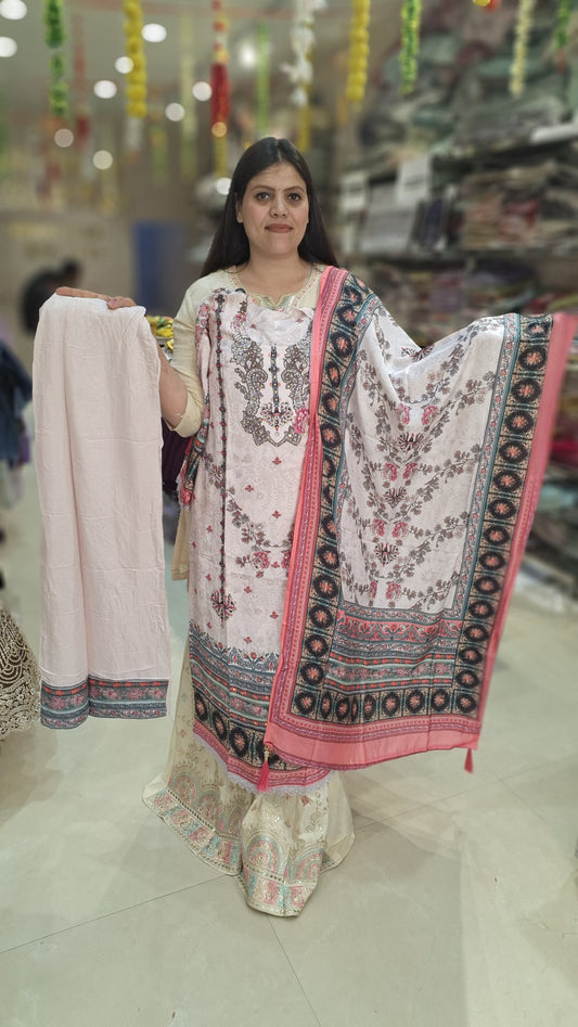 Pure Crepe Nude Pink Straight Suit With Original Mirror Work