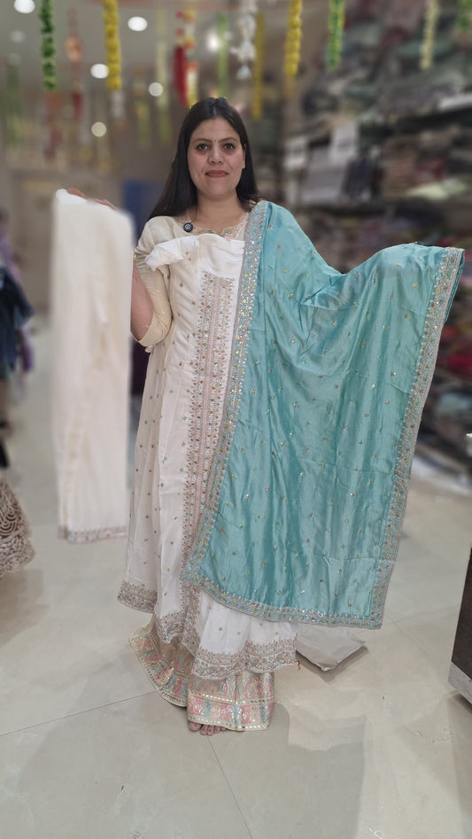 Sherwani Style Chinon White Green Anarkali Suit