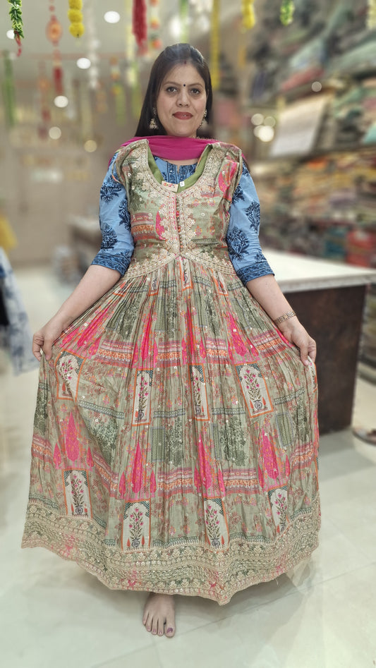 DESIGNER DUAL COLOUR PURE CHINON ZARI WORK GOWN