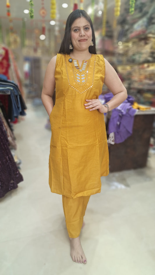 YELLOW PURE COTTON WITH ORIGNAL MIRROR WORK AND THREAD WORK CORDSET
