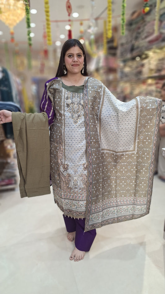 MEHNDI GREEN PURE CREPE DESIGNER 3 PC SUIT