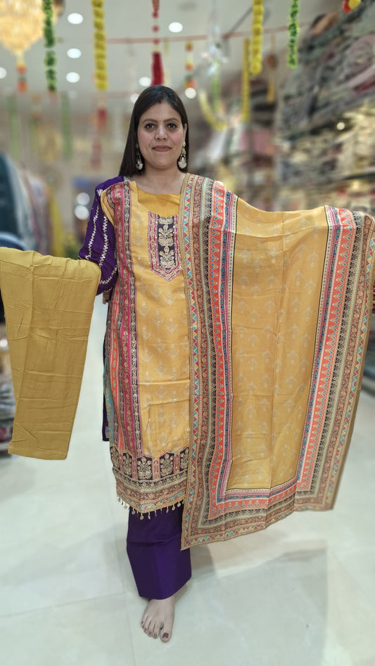 YELLOW CREPE WITH NECK STONE WORK SUIT