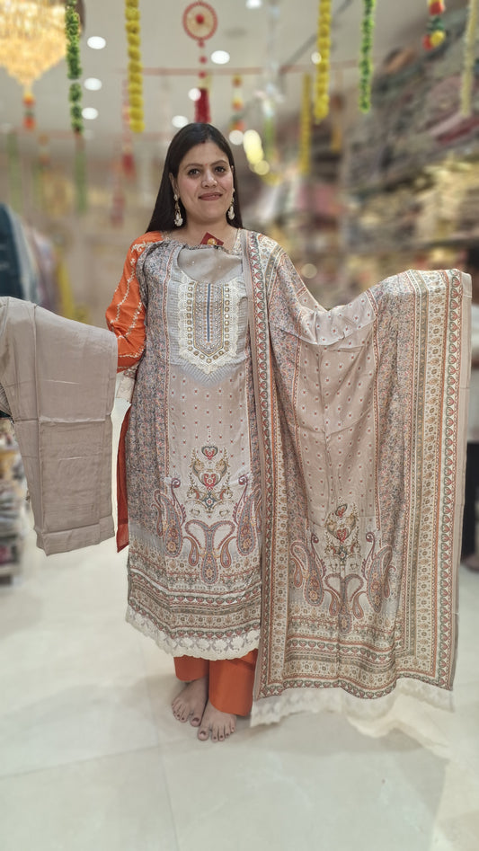 PREMIUM CREPE HEAVY NECK DESIGN 3 PC SUIT
