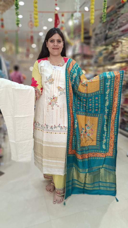 RUSSIAN SILK WITH HAND EMBROIDED SUIT IN IVERY SHADE