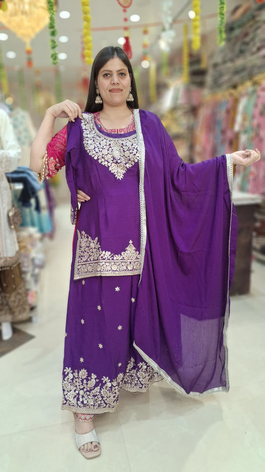 PREMIUM CHINON PAKISTANI WORK 3 PC SUIT WITH JAFA STYLE BOTTOM