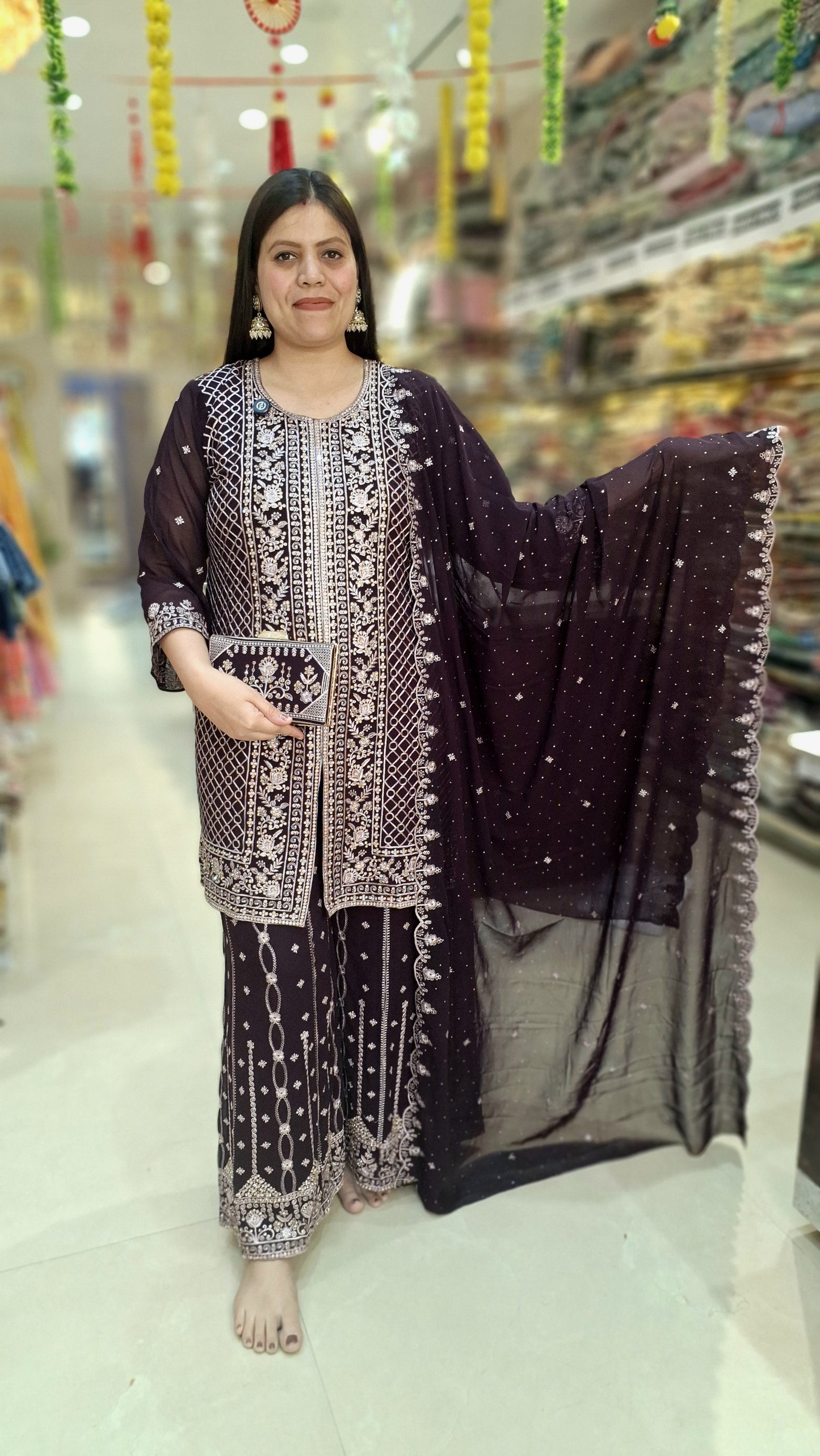 Premium Georget Suit With Maheen Zari  and Stone Work With Premium Clutch