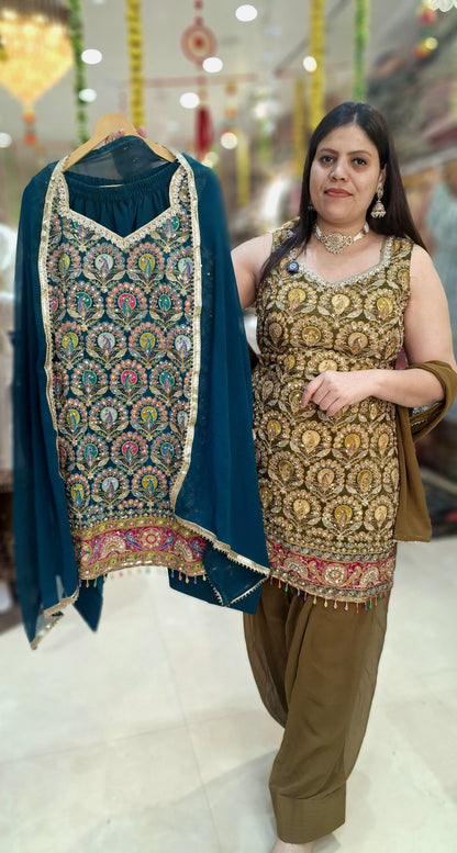 PURE SILK NECK DESIGNER WITH TILLA WORK FARSHI SALWAR SUIT(ARTICAL-0.2)