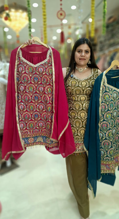 PURE SILK NECK DESIGNER WITH TILLA WORK FARSHI SALWAR SUIT(ARTICAL-0.2)