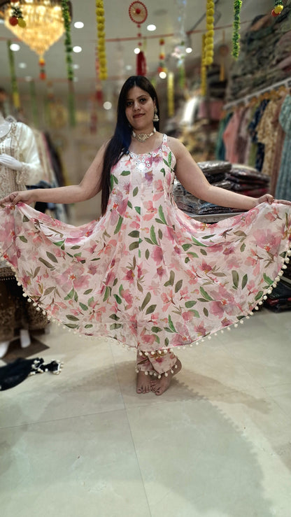 CHIFFON STRAP SLEEVES POM POM ANARKALI WHITE PINK FLORALWITH MIRROR WORK