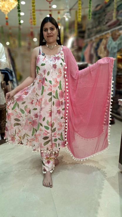 CHIFFON STRAP SLEEVES POM POM ANARKALI WHITE PINK FLORALWITH MIRROR WORK