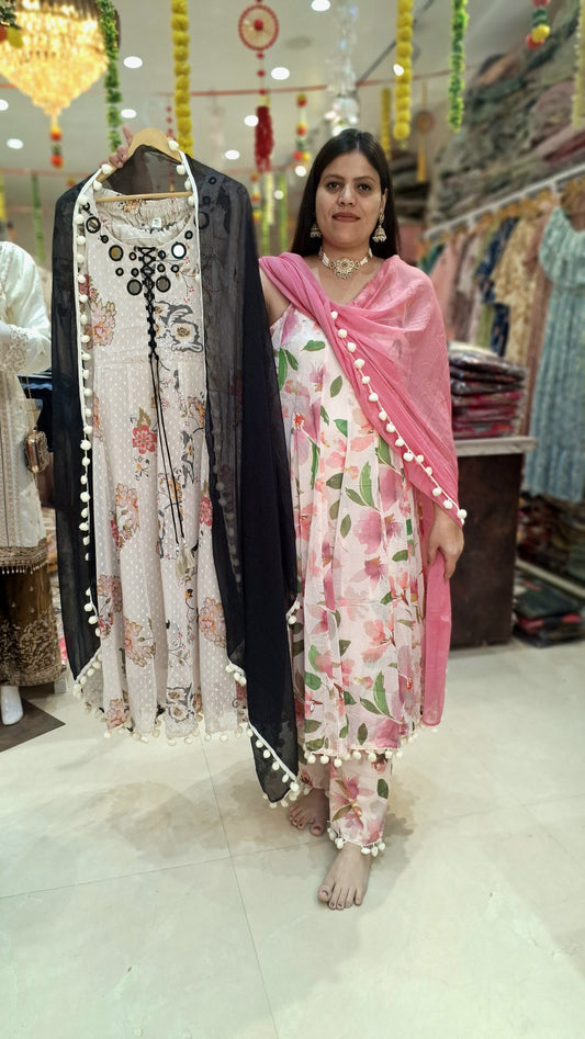 CHIFFON STRAP SLEEVES POM POM ANARKALI WHITE BLACK FLORALWITH MIRROR WORK