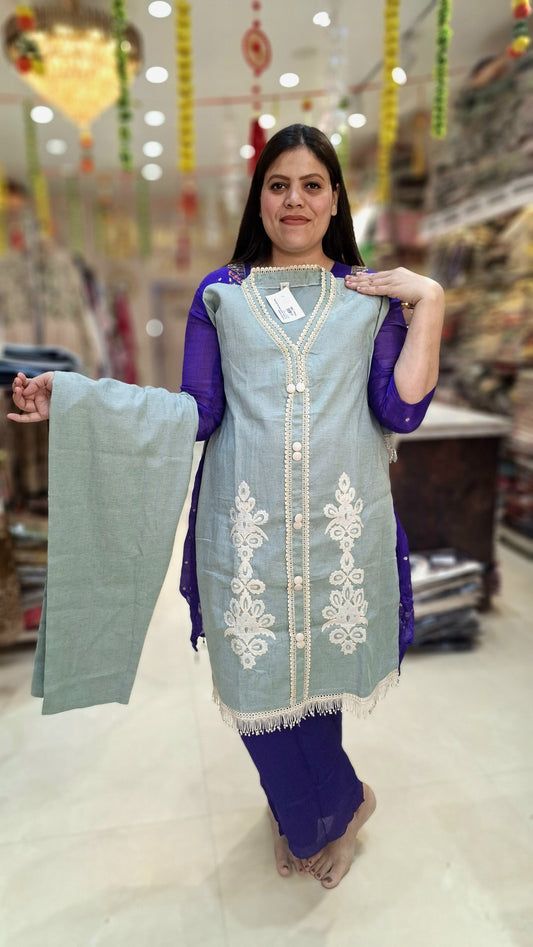 GREY PURE COTTON WHITE THREAD WORK CORDSET