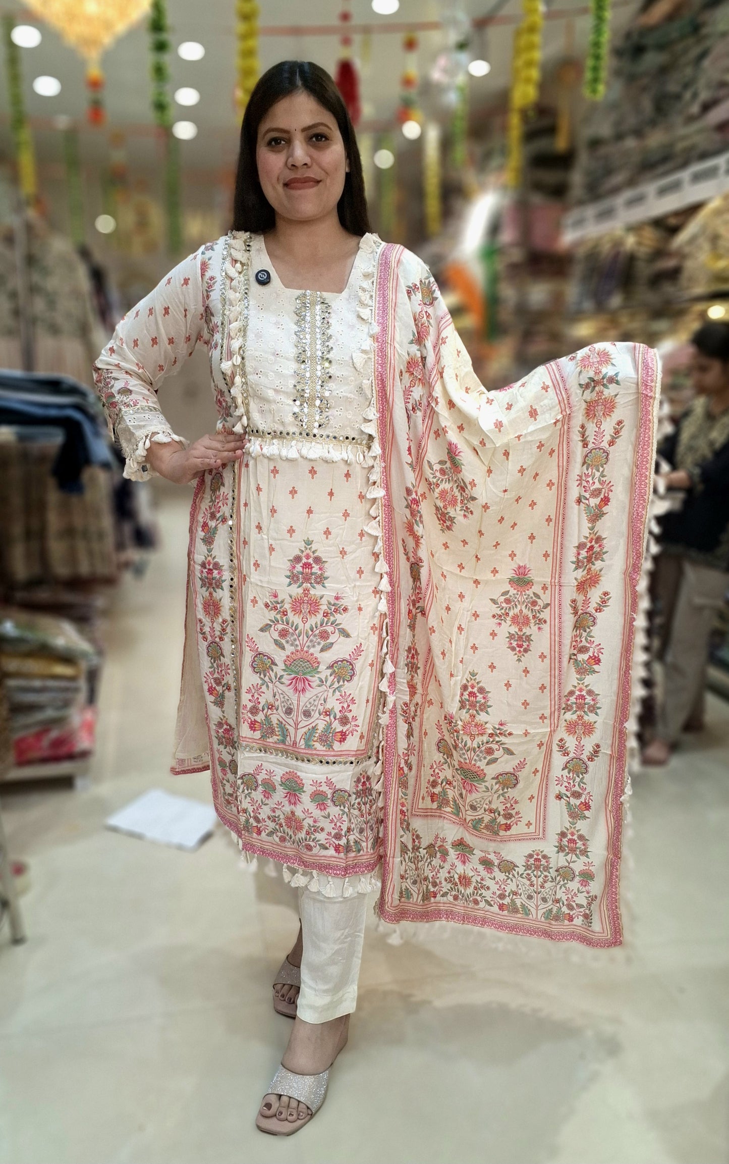 IVORY PURE CREPE DESIGNER WITH TASSELS AND THREAD WORK DESIGNING 3 PC SUIT