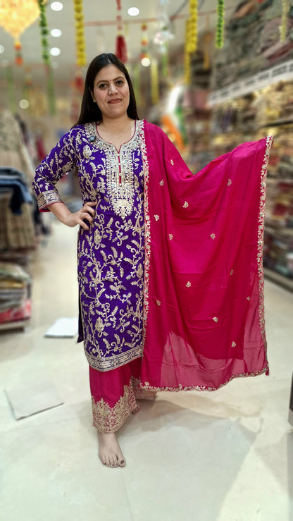 FANCY PURE CHINON CONTRAST SUIT WITH PLAZO STYLE BOTTOM AND ZARI WORK / TILLA WORK / THREAD WORK
