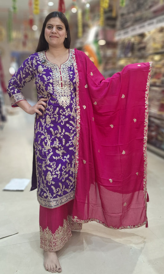 FANCY PURE CHINON CONTRAST SUIT WITH PLAZO STYLE BOTTOM AND ZARI WORK / TILLA WORK / THREAD WORK