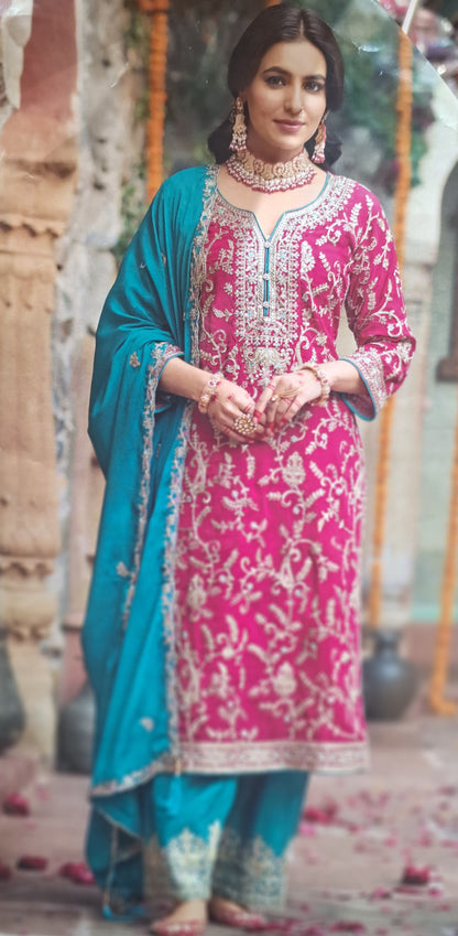 FANCY PURE CHINON CONTRAST SUIT WITH PLAZO STYLE BOTTOM AND ZARI WORK / TILLA WORK / THREAD WORK