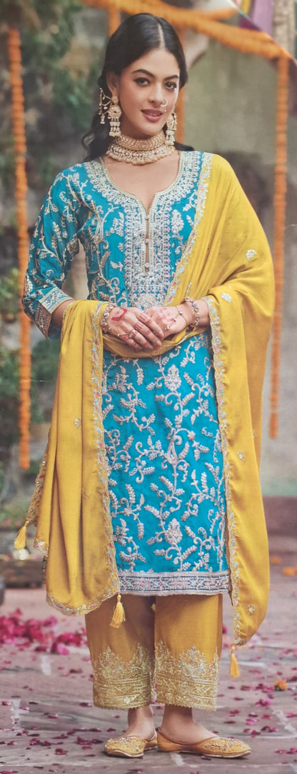 FANCY PURE CHINON CONTRAST SUIT WITH PLAZO STYLE BOTTOM AND ZARI WORK / TILLA WORK / THREAD WORK