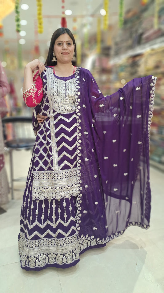 SILVER Tilla Embroidered GEORGET SUIT WITH LEHNGA – Perfect for Grand Celebrations