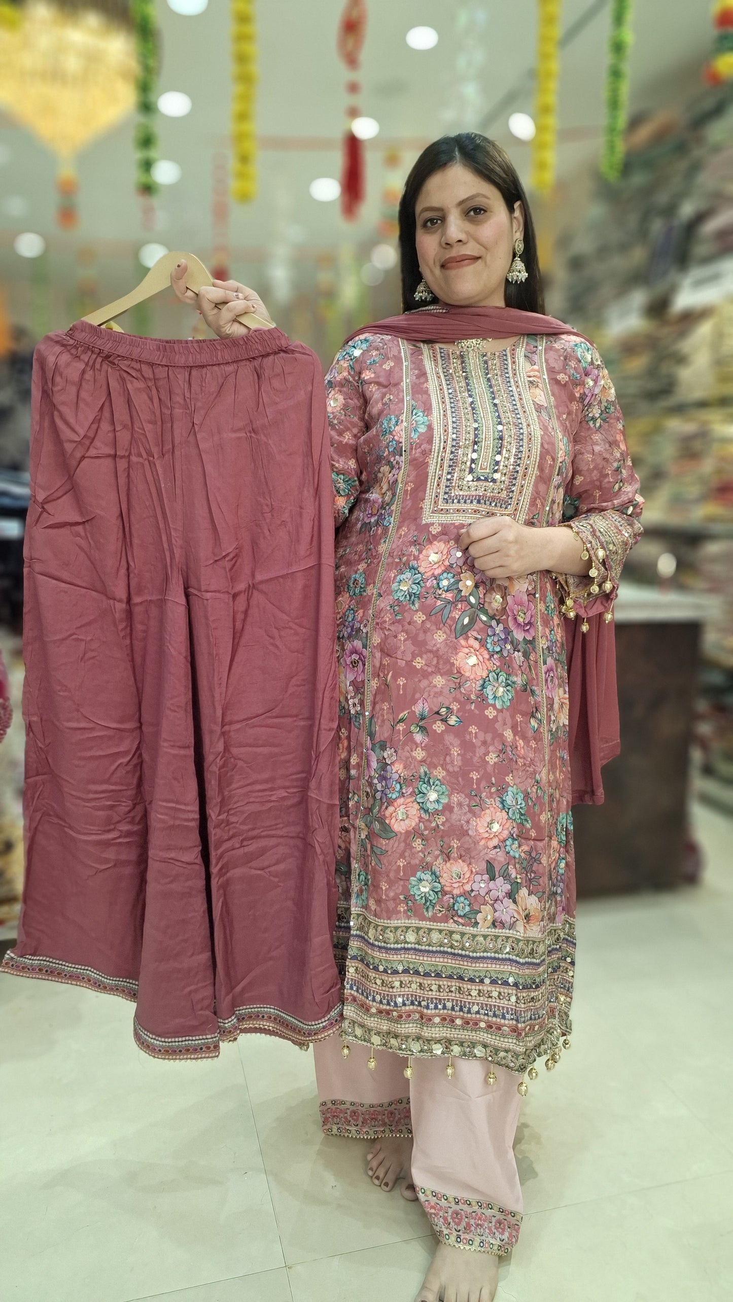 PURE CREPE CHEERY PINK PARTY WEAR HEAVY JAFFA SUIT