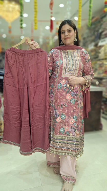 PURE CREPE CHEERY PINK PARTY WEAR HEAVY JAFFA SUIT