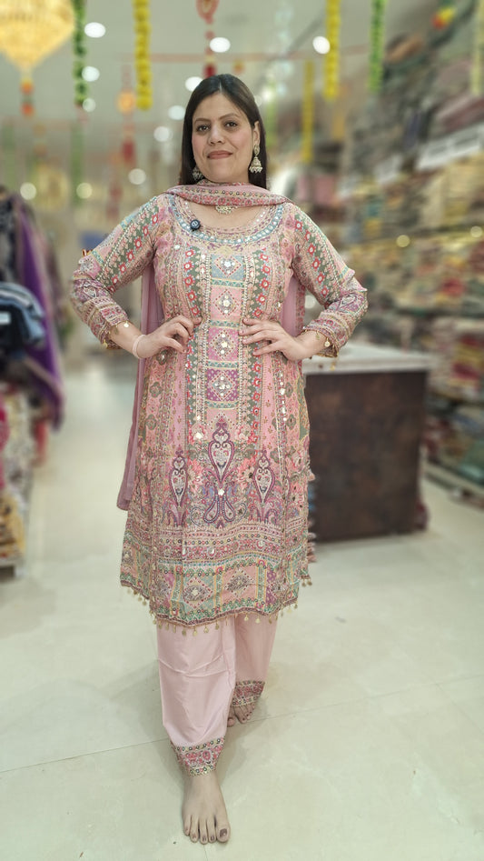 PURE CREPE PINK PARTY WEAR HEAVY JAFFA SUIT