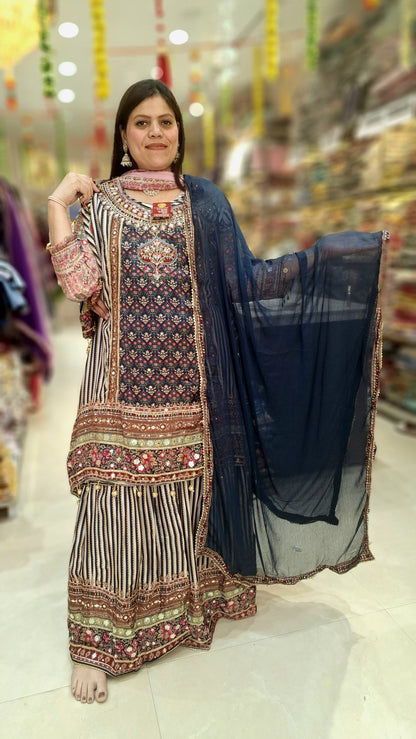 BLUE PURE CREPE DESIGNER C-CUT 3 PC SUIT