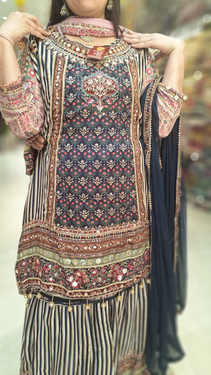 BLUE PURE CREPE DESIGNER C-CUT 3 PC SUIT