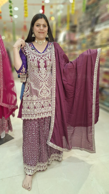 PURE CHINON SILVER TILLA WORK SHRARA SUIT