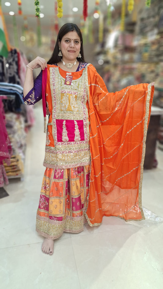 PURE CHINON ORANGE AND MEGENTA MULTI SHRARA SUIT