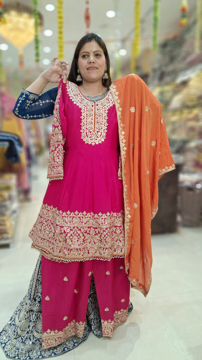 HOT PINK FUL TILLA WORK PEMPLUM JAFFA WITH HEAVY ORANGE DUPPTA