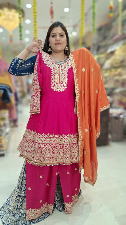HOT PINK FUL TILLA WORK PEMPLUM JAFFA WITH HEAVY ORANGE DUPPTA