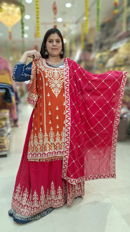 PARTY WEAR DUEL COLOUR ZARI AND TILLA WORK WITH JAFFA SUIT