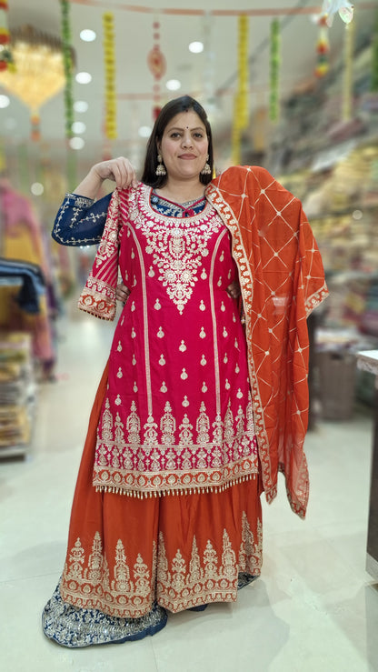 PARTY WEAR DUEL COLOUR ZARI AND TILLA WORK WITH JAFFA SUIT