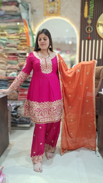HOT PINK FUL TILLA WORK PEMPLUM JAFFA WITH HEAVY ORANGE DUPPTA